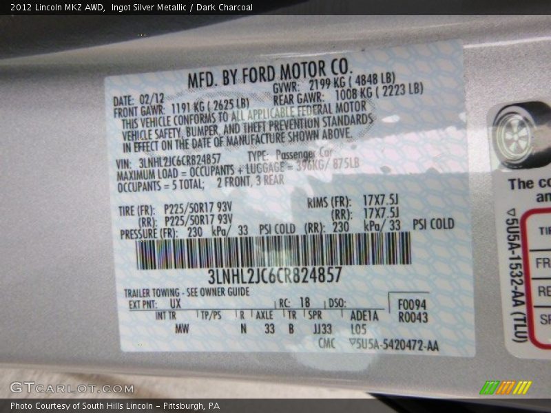 2012 MKZ AWD Ingot Silver Metallic Color Code UX
