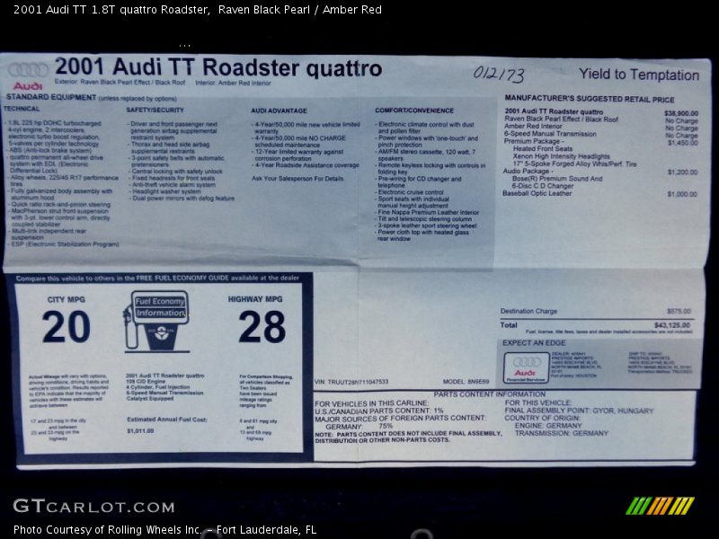  2001 TT 1.8T quattro Roadster Window Sticker