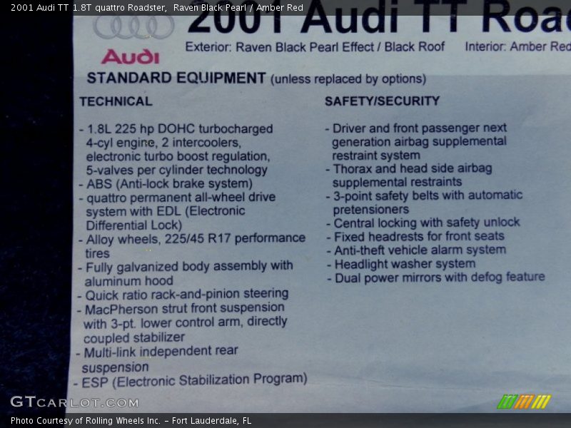  2001 TT 1.8T quattro Roadster Window Sticker