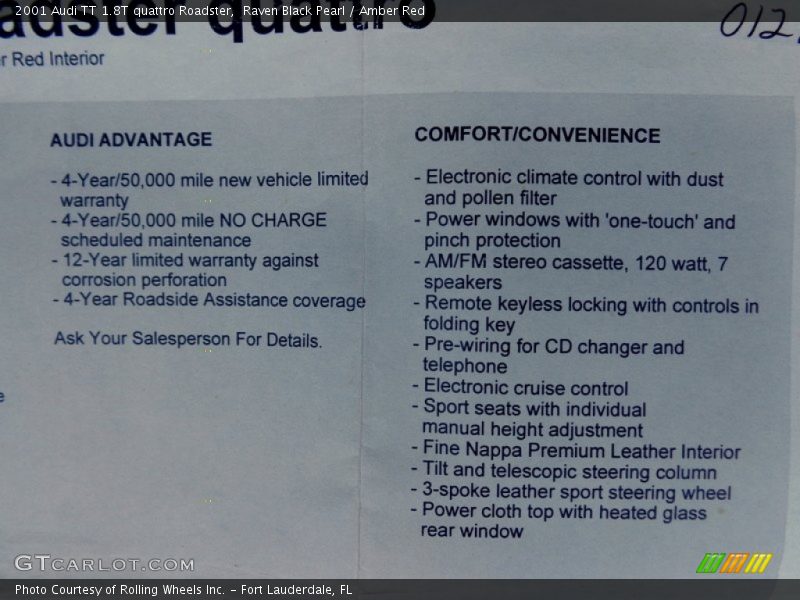  2001 TT 1.8T quattro Roadster Window Sticker