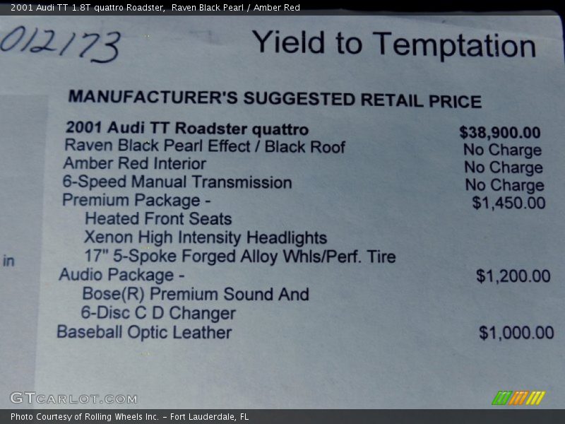  2001 TT 1.8T quattro Roadster Window Sticker