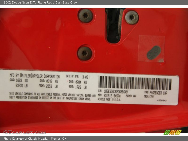 Flame Red / Dark Slate Gray 2002 Dodge Neon SXT