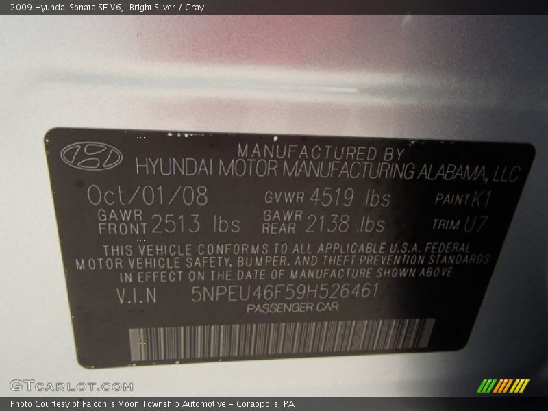Bright Silver / Gray 2009 Hyundai Sonata SE V6