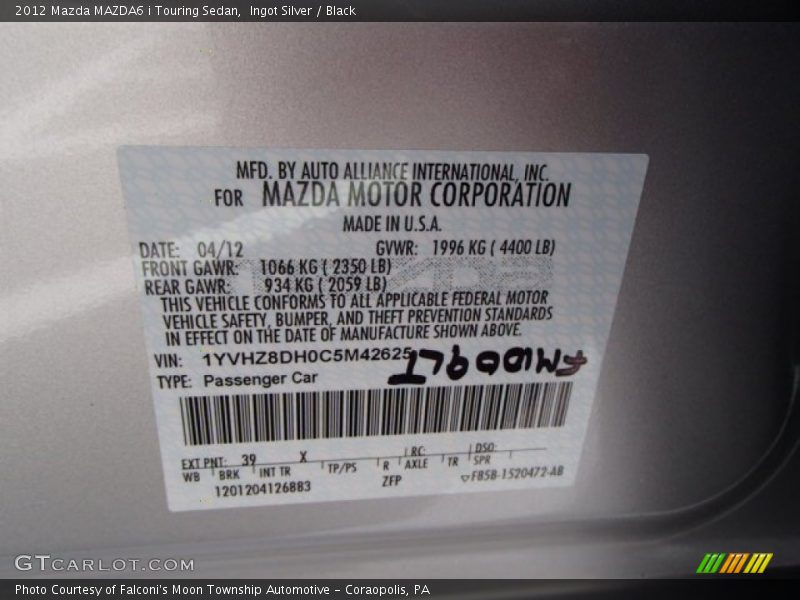 Ingot Silver / Black 2012 Mazda MAZDA6 i Touring Sedan