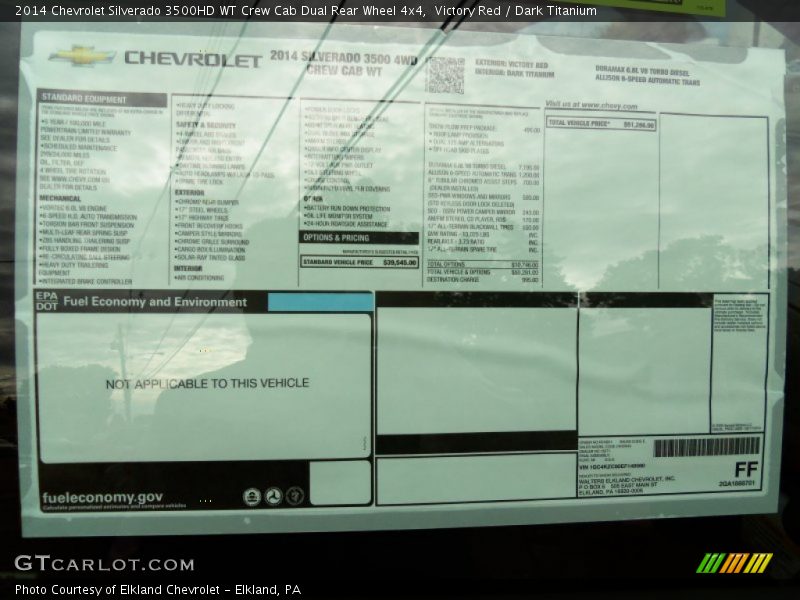  2014 Silverado 3500HD WT Crew Cab Dual Rear Wheel 4x4 Window Sticker