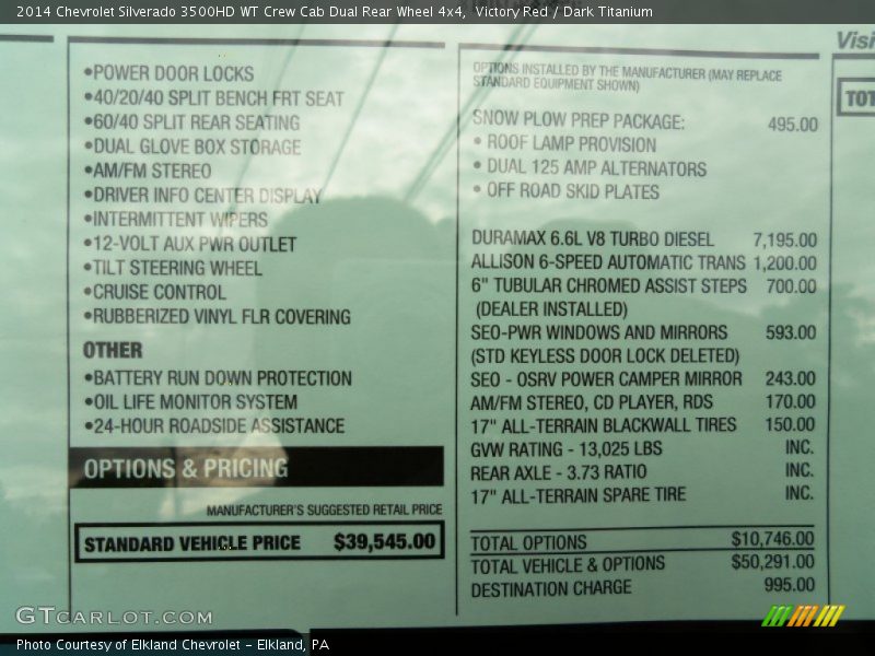  2014 Silverado 3500HD WT Crew Cab Dual Rear Wheel 4x4 Window Sticker