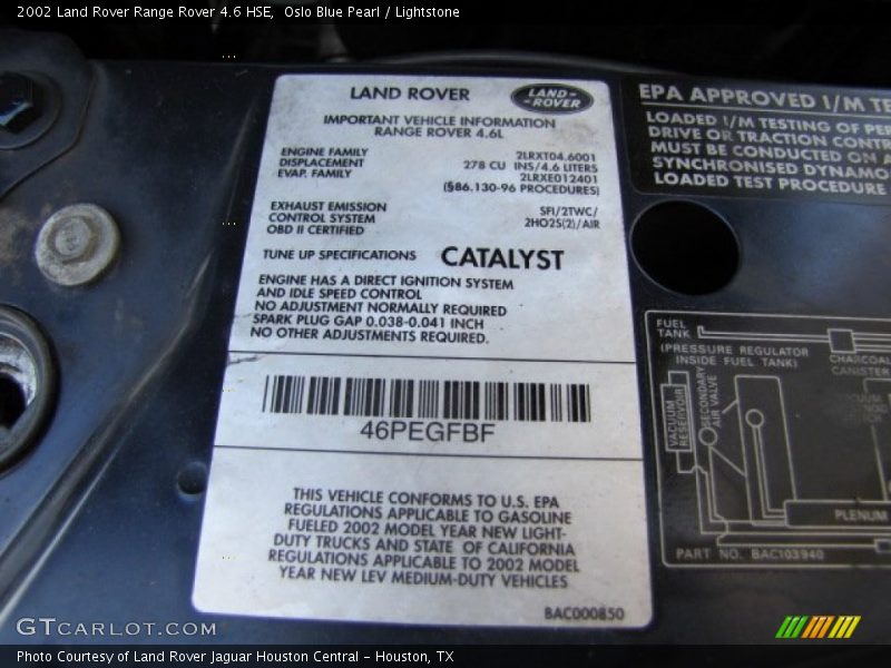 Info Tag of 2002 Range Rover 4.6 HSE