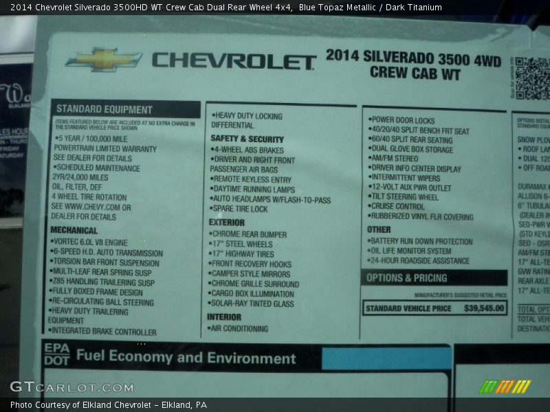  2014 Silverado 3500HD WT Crew Cab Dual Rear Wheel 4x4 Window Sticker