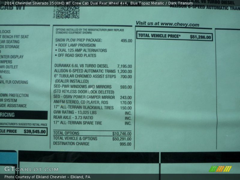  2014 Silverado 3500HD WT Crew Cab Dual Rear Wheel 4x4 Window Sticker