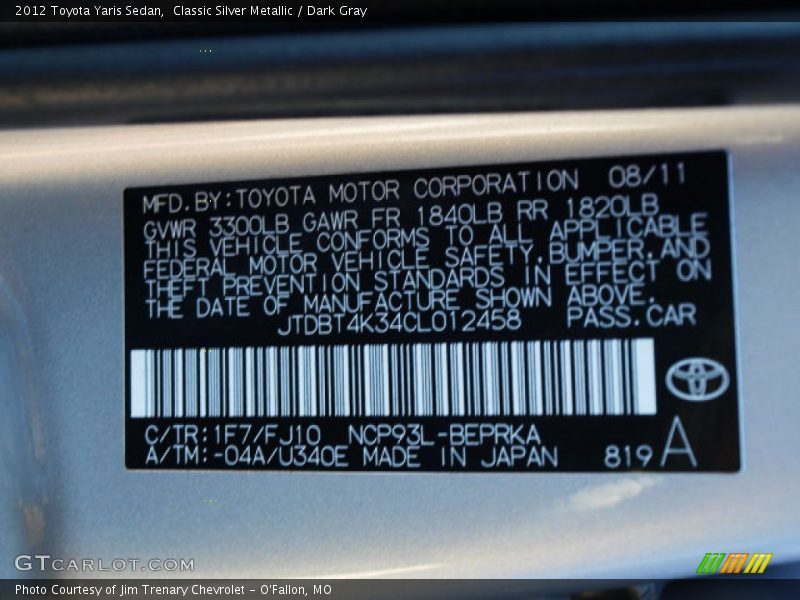 Classic Silver Metallic / Dark Gray 2012 Toyota Yaris Sedan