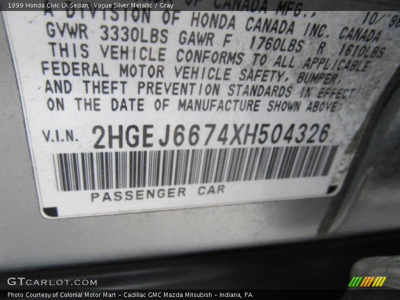 Vogue Silver Metallic / Gray 1999 Honda Civic LX Sedan