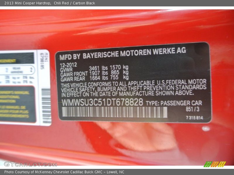 Chili Red / Carbon Black 2013 Mini Cooper Hardtop