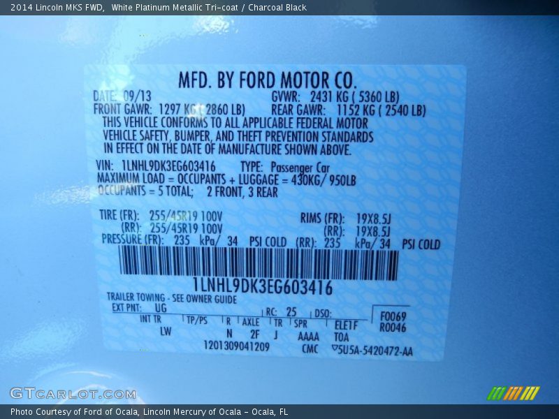2014 MKS FWD White Platinum Metallic Tri-coat Color Code UG