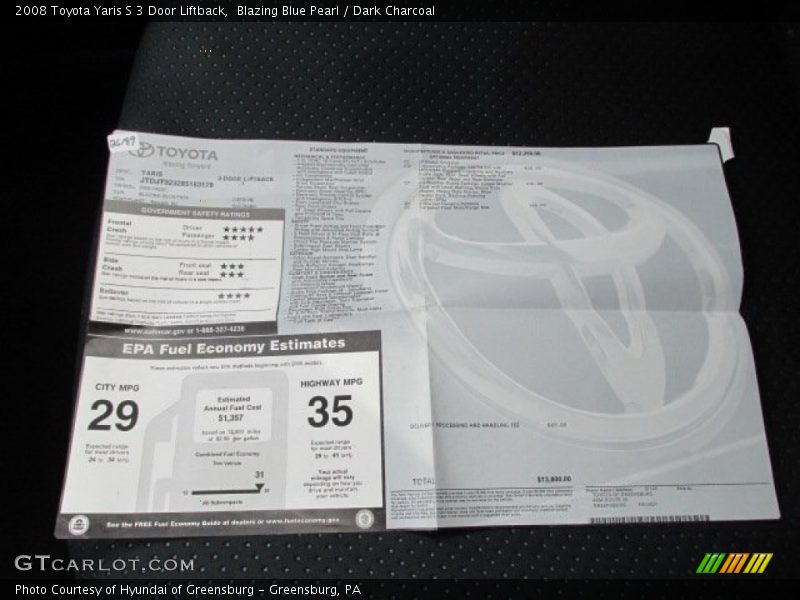  2008 Yaris S 3 Door Liftback Window Sticker