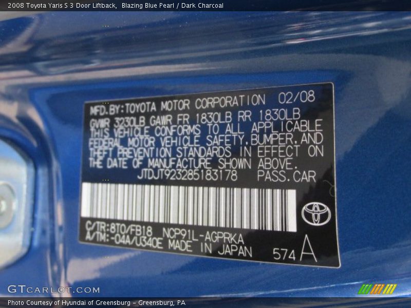 2008 Yaris S 3 Door Liftback Blazing Blue Pearl Color Code 8T0