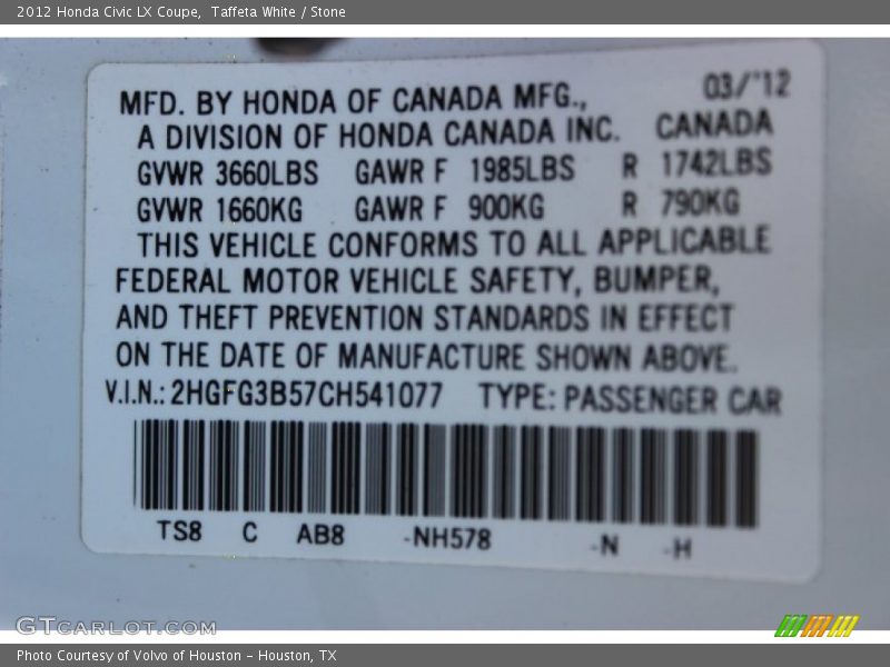 Taffeta White / Stone 2012 Honda Civic LX Coupe
