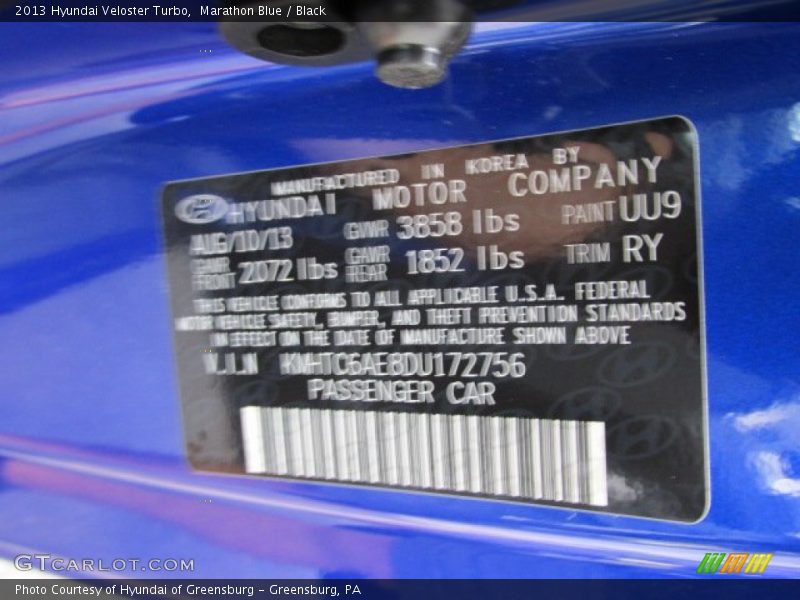 Marathon Blue / Black 2013 Hyundai Veloster Turbo