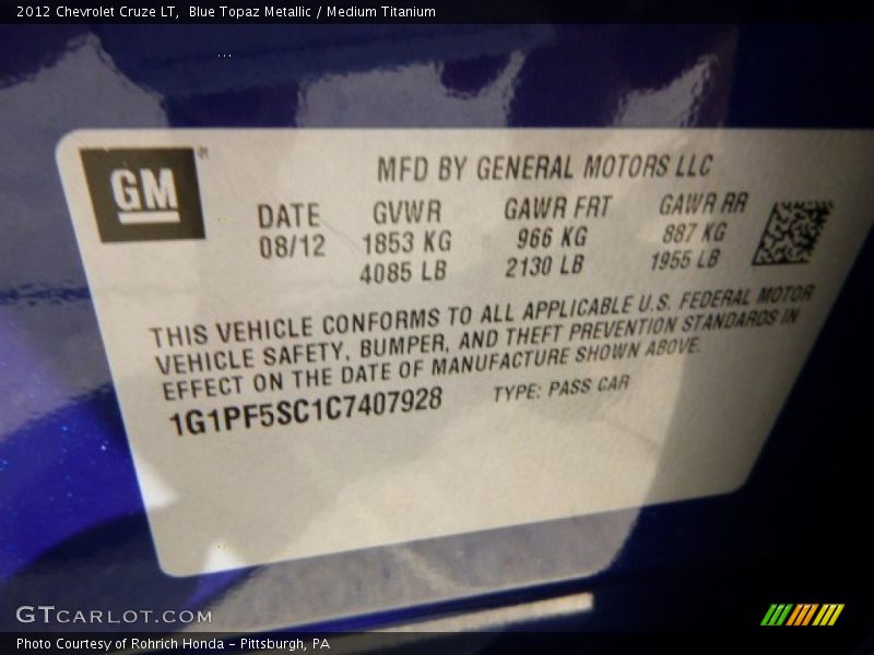 Blue Topaz Metallic / Medium Titanium 2012 Chevrolet Cruze LT