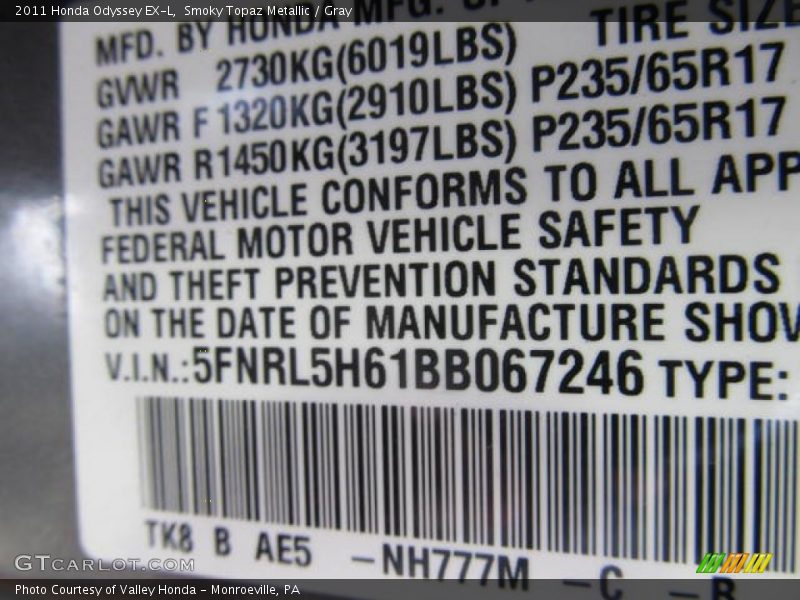 Smoky Topaz Metallic / Gray 2011 Honda Odyssey EX-L