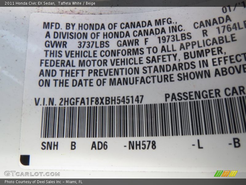Taffeta White / Beige 2011 Honda Civic EX Sedan