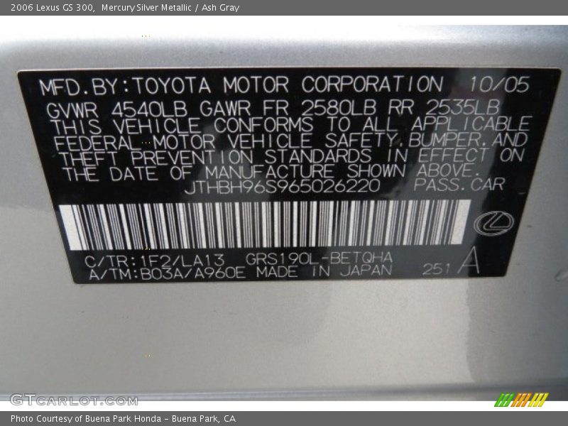 Mercury Silver Metallic / Ash Gray 2006 Lexus GS 300