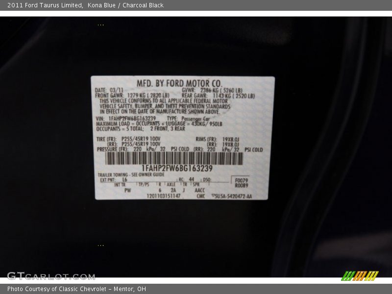 Kona Blue / Charcoal Black 2011 Ford Taurus Limited