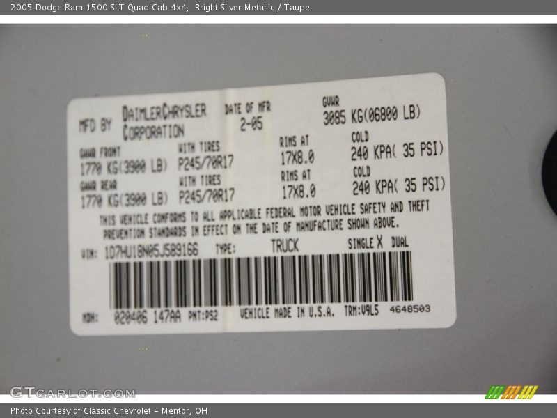 2005 Ram 1500 SLT Quad Cab 4x4 Bright Silver Metallic Color Code PS2