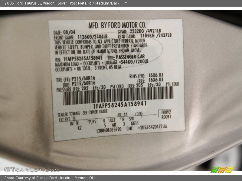 2005 Taurus SE Wagon Silver Frost Metallic Color Code TS