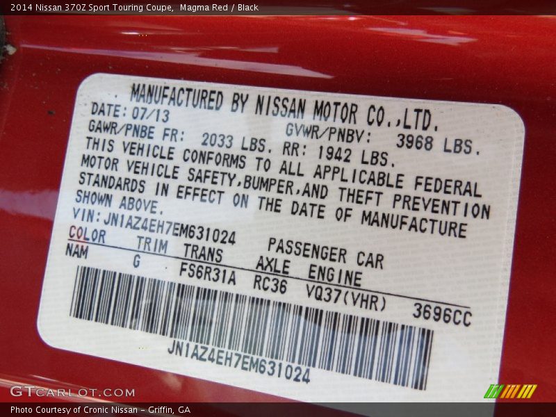 2014 370Z Sport Touring Coupe Magma Red Color Code NAM