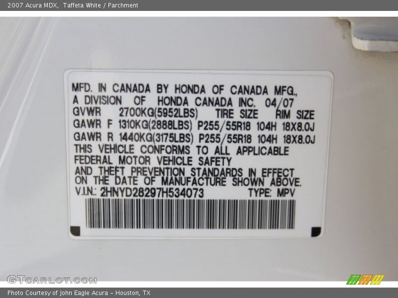 Taffeta White / Parchment 2007 Acura MDX