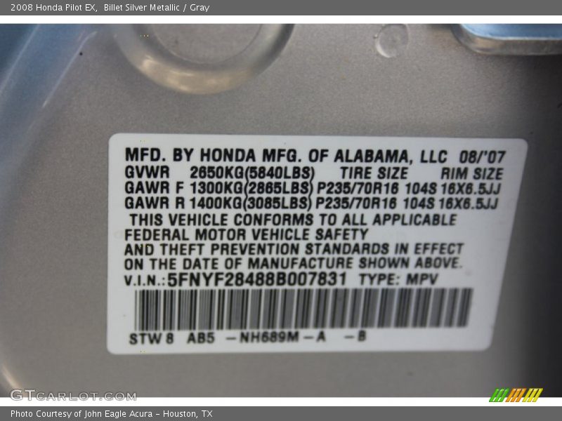 Billet Silver Metallic / Gray 2008 Honda Pilot EX