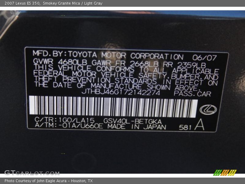 Smokey Granite Mica / Light Gray 2007 Lexus ES 350