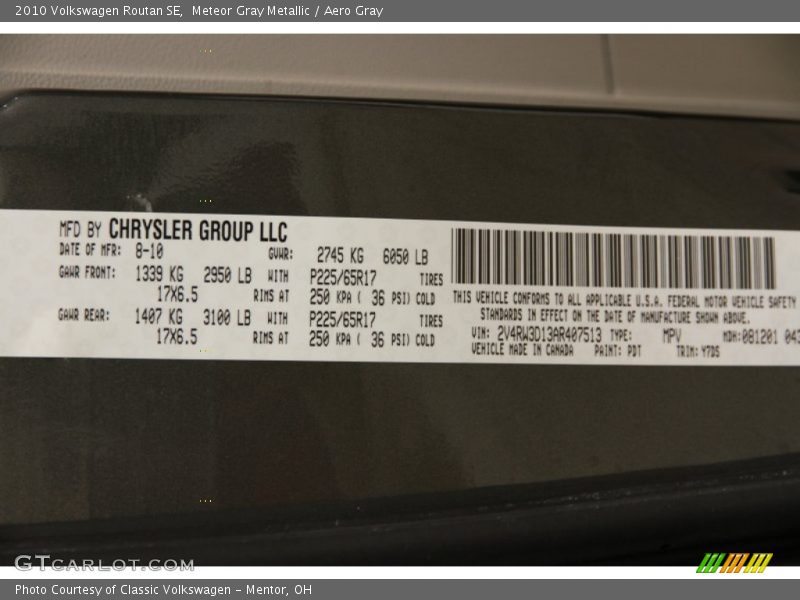 2010 Routan SE Meteor Gray Metallic Color Code PDT