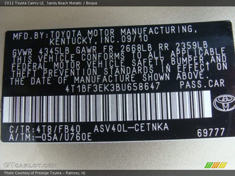 Sandy Beach Metallic / Bisque 2011 Toyota Camry LE