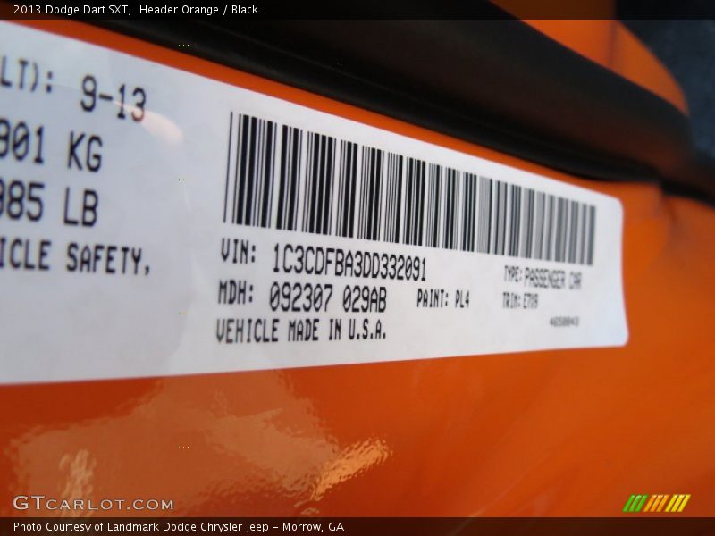Header Orange / Black 2013 Dodge Dart SXT