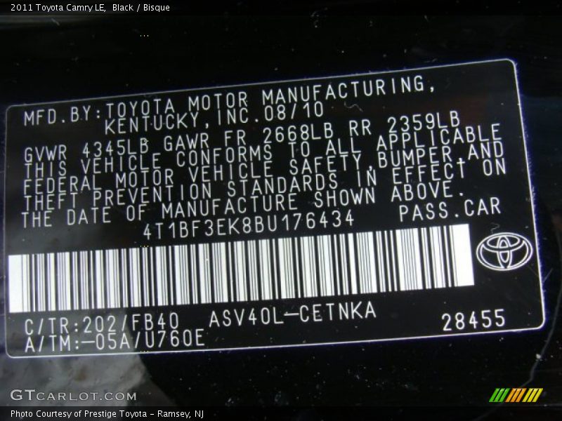 Black / Bisque 2011 Toyota Camry LE