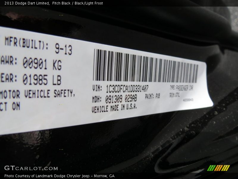 Pitch Black / Black/Light Frost 2013 Dodge Dart Limited