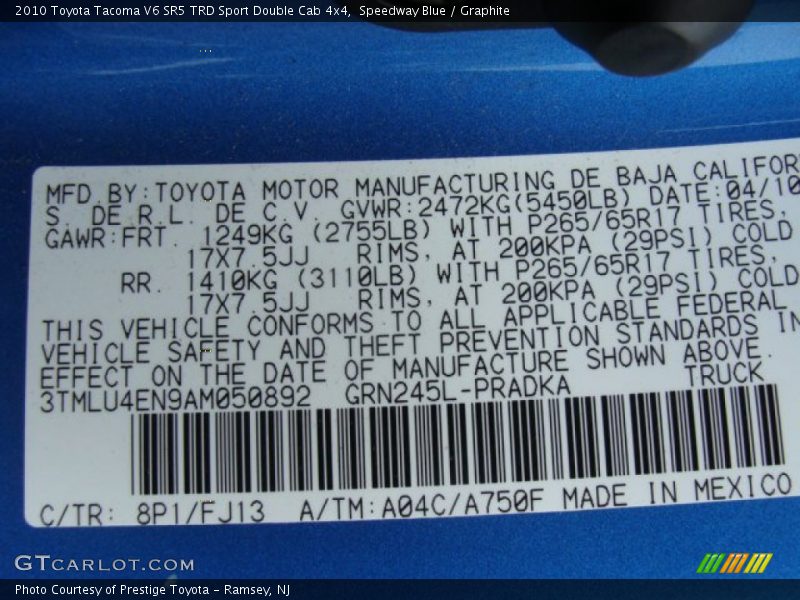 Speedway Blue / Graphite 2010 Toyota Tacoma V6 SR5 TRD Sport Double Cab 4x4