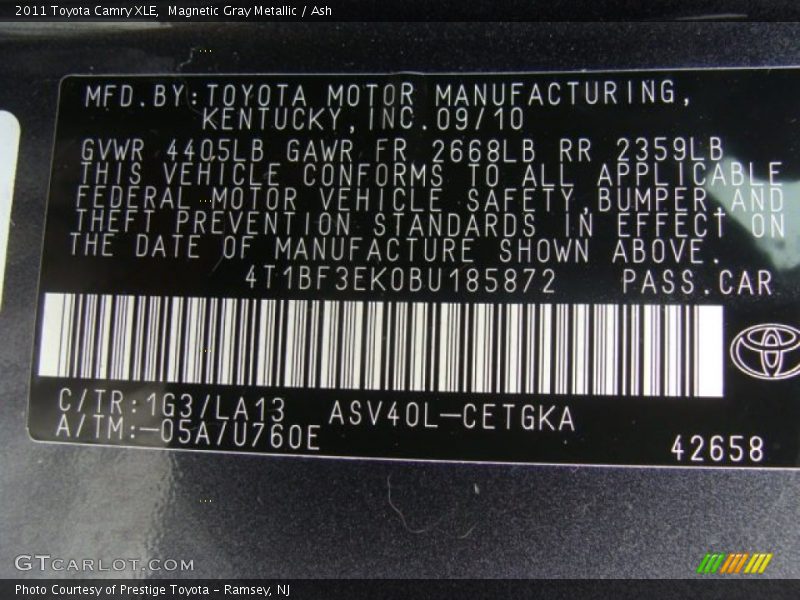 Magnetic Gray Metallic / Ash 2011 Toyota Camry XLE