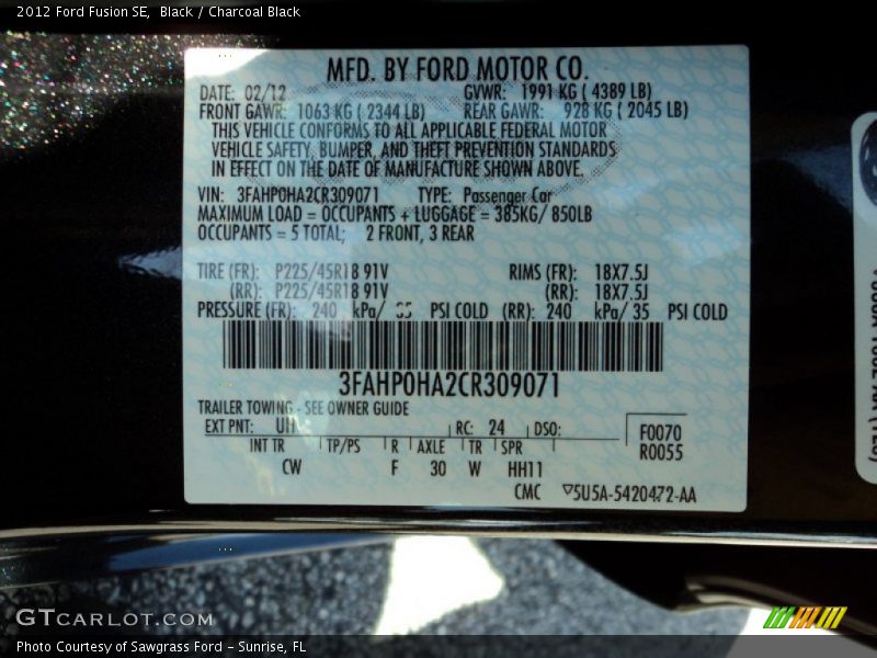 Black / Charcoal Black 2012 Ford Fusion SE