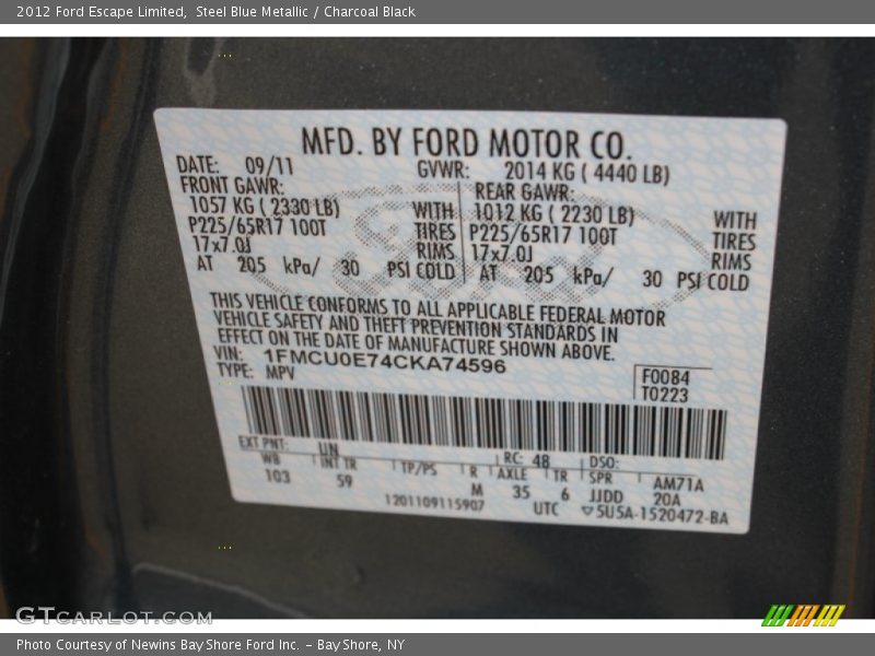 Steel Blue Metallic / Charcoal Black 2012 Ford Escape Limited