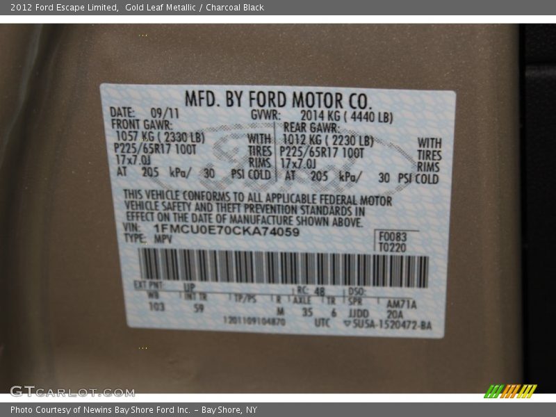 Gold Leaf Metallic / Charcoal Black 2012 Ford Escape Limited