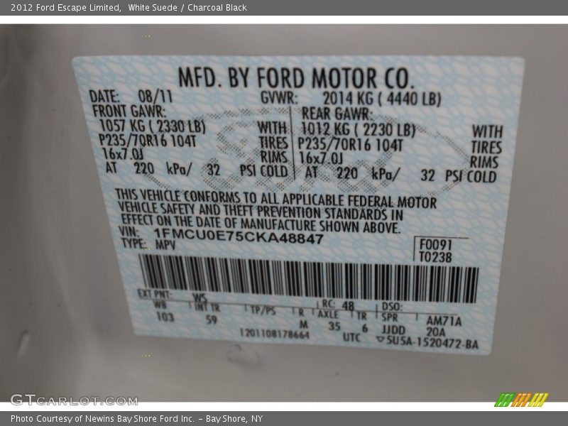 White Suede / Charcoal Black 2012 Ford Escape Limited