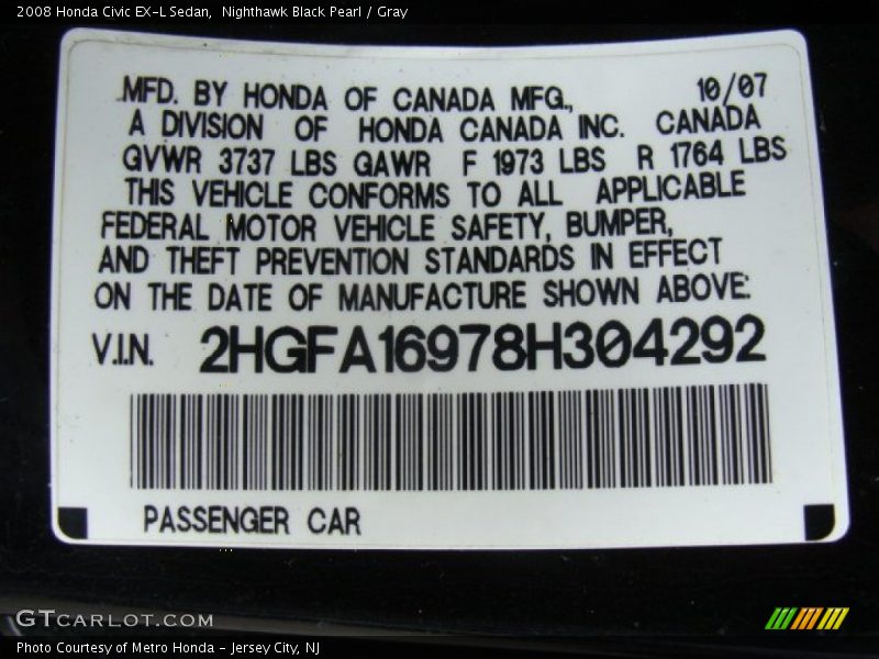 Nighthawk Black Pearl / Gray 2008 Honda Civic EX-L Sedan