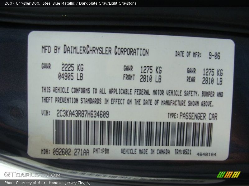 Steel Blue Metallic / Dark Slate Gray/Light Graystone 2007 Chrysler 300