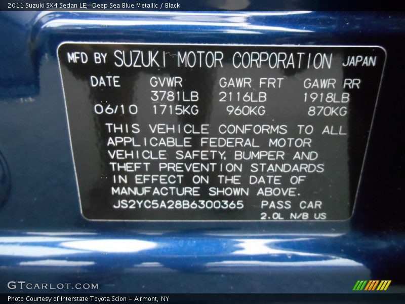 Deep Sea Blue Metallic / Black 2011 Suzuki SX4 Sedan LE