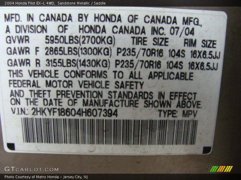 Sandstone Metallic / Saddle 2004 Honda Pilot EX-L 4WD