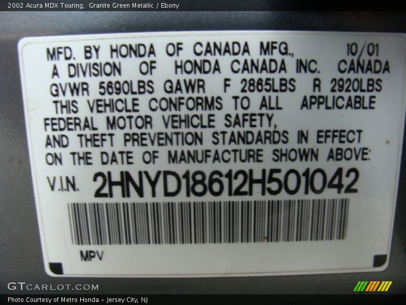 Granite Green Metallic / Ebony 2002 Acura MDX Touring