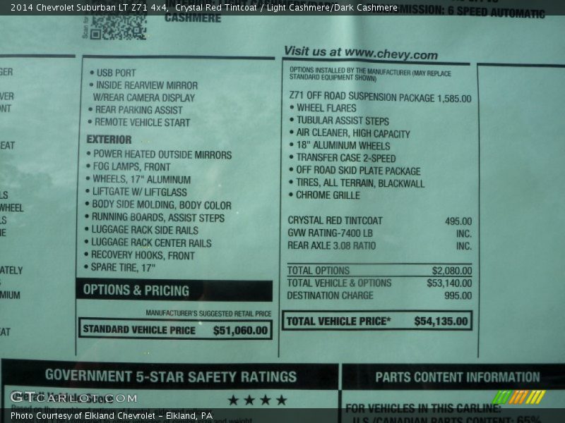  2014 Suburban LT Z71 4x4 Window Sticker