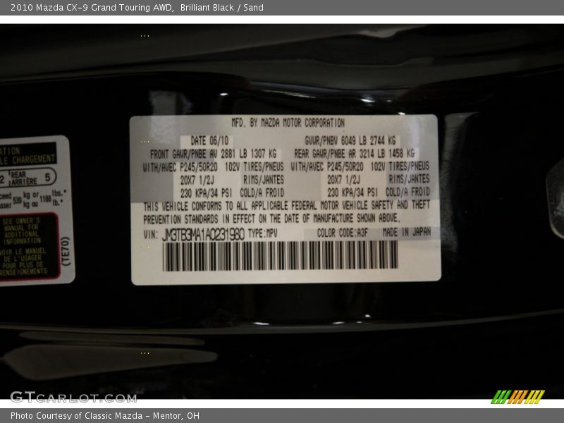 Brilliant Black / Sand 2010 Mazda CX-9 Grand Touring AWD